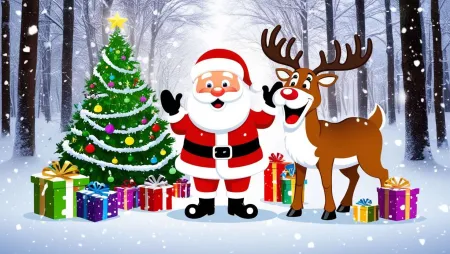 Adorable Cartoon Santa With Reindeer Christmas Decorations - Free Related Merry Christmas Cartoon Santa Claus Image