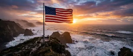 Free American Flag Waving Over Ocean Sunset Hd Photography Background Image Download