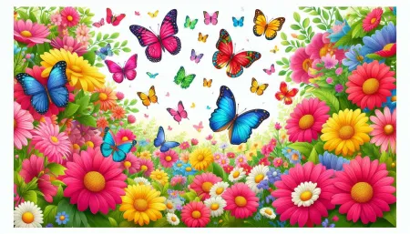 Free Cheerful Nature Scene With Pink, Yellow, And Red Blossoms And Butterflies Background Image Download