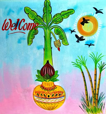 Chhath Puja Banana Tree With Sun And Sugercane - Free Sun Download