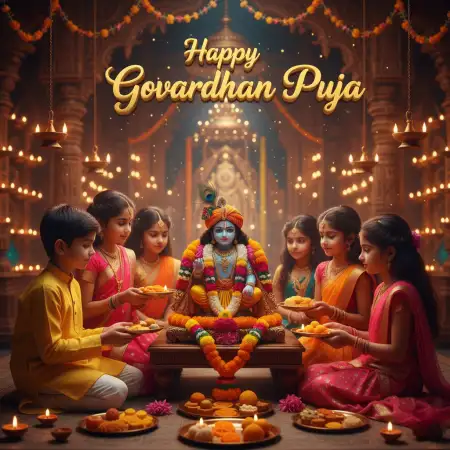 Children Offering Flowers To Krishna Idol With Glowing Lamps - Free Happy Govardhan Puja 2025 Download
