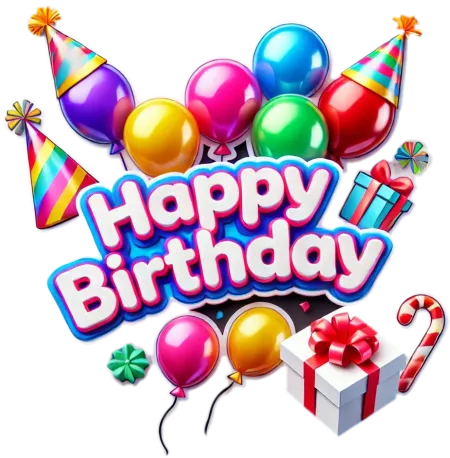 colorful balloon text with festive birthday decorations