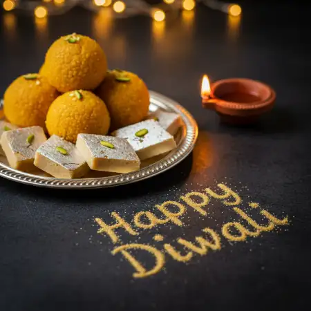 Free Diwali Puja Photo With Sweets, Candles, And Decorative Background Image Download
