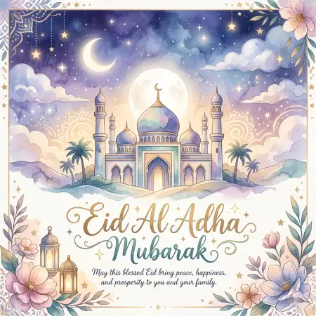 Eid Al Adha Greeting Card Blue And Gold Theme 2026 - Free Eid Al Adha Greeting Card 2026 Download