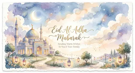 Eid Al Adha Greeting Card Watercolor Design 2026 - Free Eid Al Adha Greeting Card 2026 Download