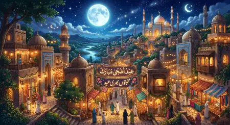 Free Eid Al Adha Mubarak 2026 Moon And Mosque Wallpaper Image Download