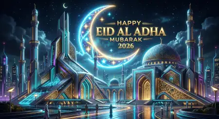 eid al adha mubarak 2026 wishes with mosque background