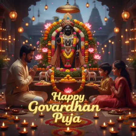 Evening Prayer Scene With Fog And Light Beams - Free Happy Govardhan Puja 2025 Download