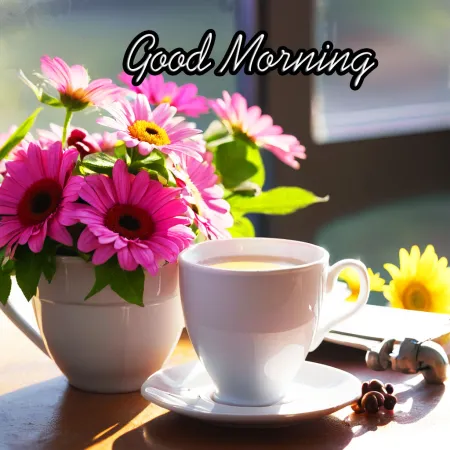 Free Good Morning Images With Flowers And Tea Cups - Free Good Morning Image Download