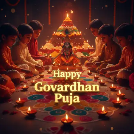 Glowing Govardhan Puja Celebration Art With Firework Lights - Free Happy Govardhan Puja Download