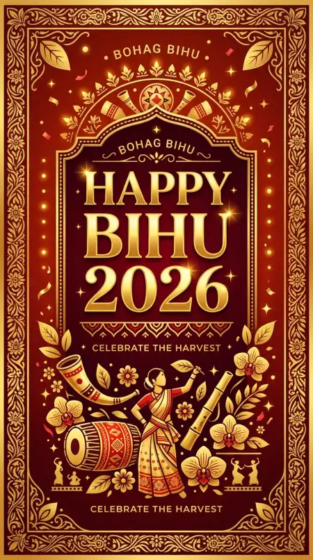 Happy Bihu 2026 Wishes Gold Text Png - Free Happy Bihu 2026 Wishes Download