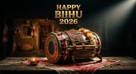 Happy Bihu 2026 Wishes With Dhol Pepa Png - Free Happy Bihu 2026 Wishes Download
