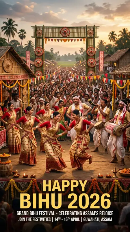 Happy Bihu 2026 Wishes With Traditional Dance Images - Free Happy Bihu 2026 Wishes Download