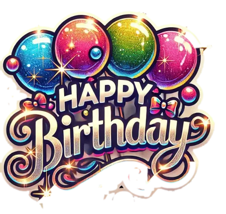 happy birthday text with colorful balloons and confetti