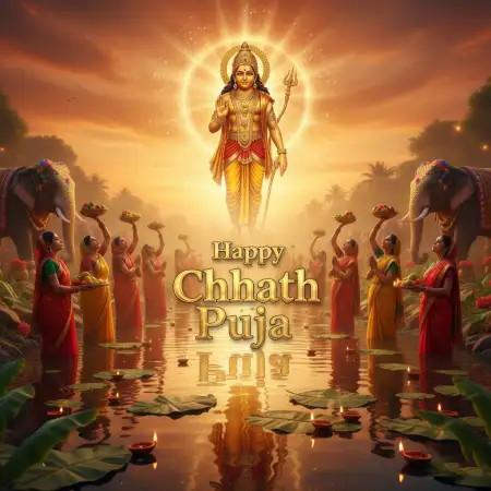 Happy Chhath Puja 2025 Artistic Wallpaper With Surya Dev And River - Free Happy Chhath Puja 2025 Download