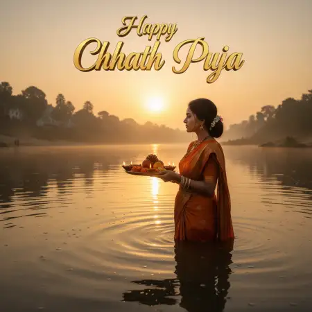 Happy Chhath Puja 2025 Greetings With Sun And River View - Free Happy Chhath Puja 2025 Download