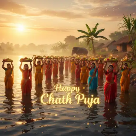 Happy Chhath Puja 2025 Images Of Women Performing Puja Near River - Free Happy Chhath Puja 2025 Download