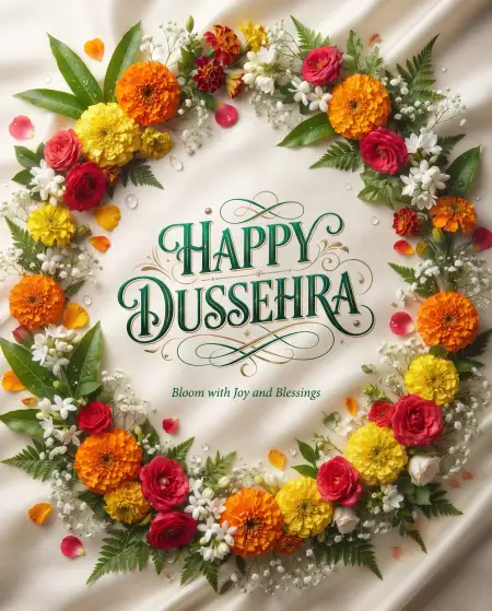happy dussehra 2026 wishes with marigold flower border - Happy Dussehra 2026 Wishes