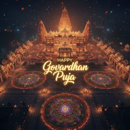 Happy Govardhan Puja Image With Hindu Temple Background - Free Happy Govardhan Puja Download