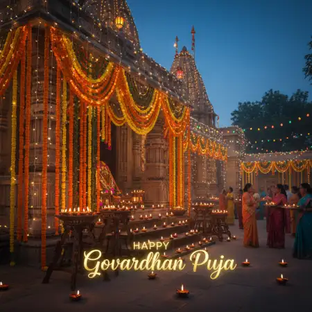 Happy Govardhan Puja Wishes With Cow And Mountain Art - Free Happy Govardhan Puja Download