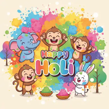 Free Happy Holi Greeting Card Cute Cartoon Theme 2 Background Image Download
