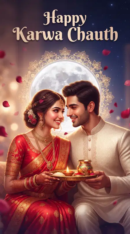 happy karwa chauth moon viewing couple greetings