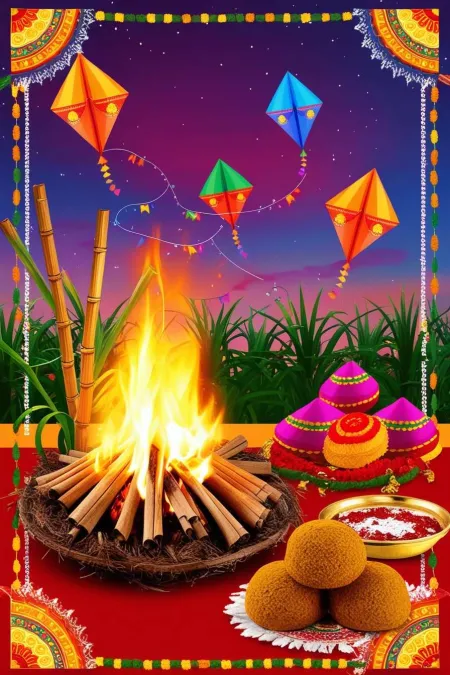 Happy Makar Sankranti 2025 Backgrounds With Bonfire And Kites - Free Background Download