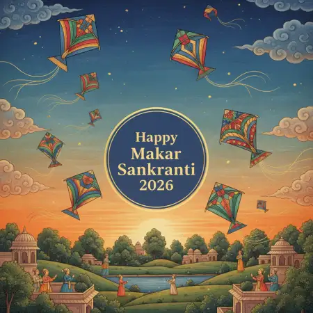 Free Happy Makar Sankranti 2026 Wishes With Flying Kites Sky Background Download