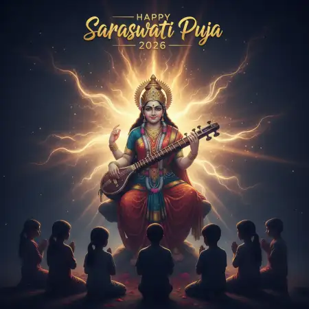 Free Happy Saraswati Puja 2026 Veena Book Theme Background Download