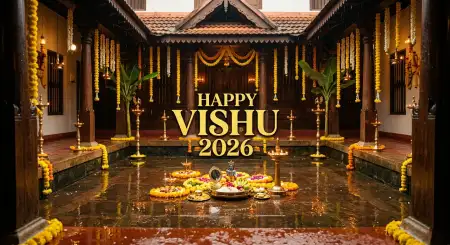 Happy Vishu 2026 Wishes Images With Temple And Diya Background - Free Happy Vishu 2026 Wishes Download