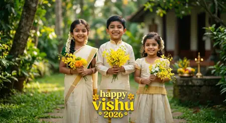 Happy Vishu 2026 Wishes With Golden Konna Flowers - Free Happy Vishu 2026 Wishes Download