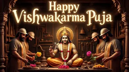 Happy Vishwakarma Puja Wishes With Temple Background - Free Happy Vishwakarma Puja Wishes Download