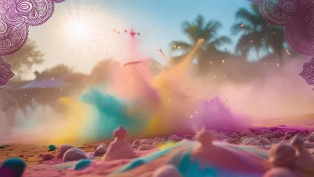 Holi Celebration Background With Dhol And Dance Silhouettes - Free Background Download