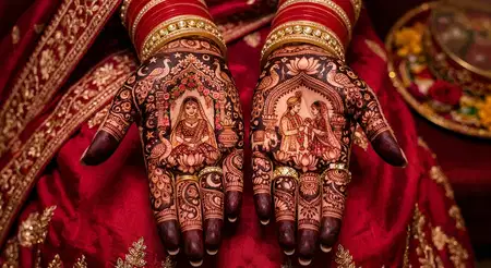 karwa chauth mehndi design with couple portrait