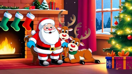Kids-friendly Merry Christmas Cartoon Santa And Reindeer - Free Related Merry Christmas Cartoon Santa Claus Image