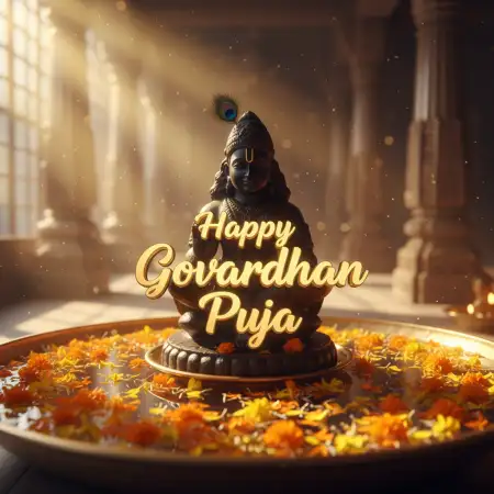 Free Lord Krishna Idol With Peacock Feather Crown, Glowing Lights Around Image Download