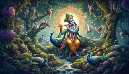 lord krishna playing his flute, surrounded by lush greenery and peacocks