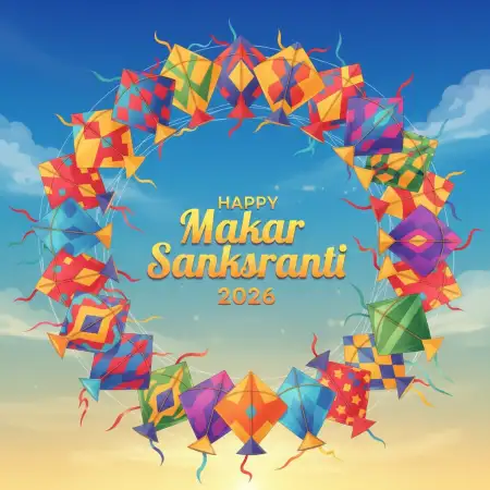Free Makar Sankranti Wishes Colorful Kite Sky 2026 Background Download