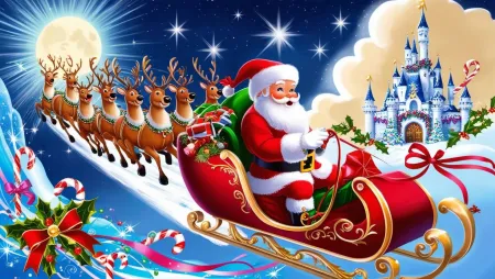 Merry Christmas Cartoon Santa Claus In Sleigh With Reindeer - Free Related Merry Christmas Cartoon Santa Claus Image