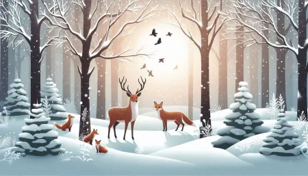 Peaceful Winter Wonderland Wallpaper Featuring Deer And Foxes In Snow-covered Woods - Free Nature Background Download
