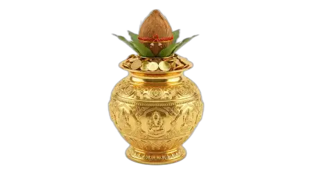 png image of kalash with gold coins and coconut