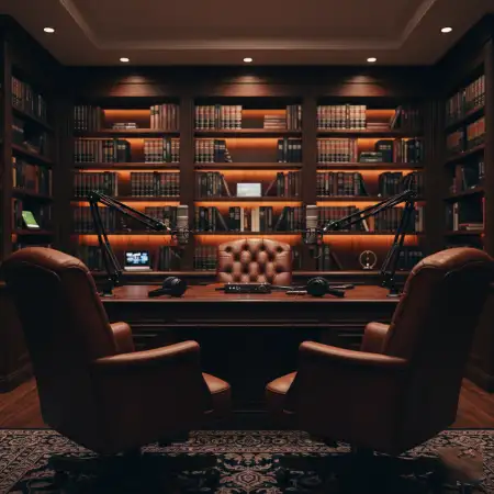 Podcast Studio Background With Bookshelf Decor - Free Podcast Studio Background Download