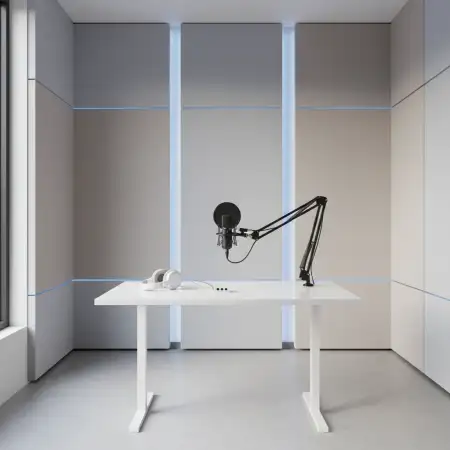 Podcast Studio Background With Desk And Mic - Free Podcast Studio Background Download