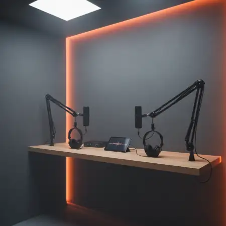 Podcast Studio Background With Headphone Display - Free Podcast Studio Background Download