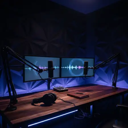 Podcast Studio Background With Podcast Logo Wall - Free Podcast Studio Background Download