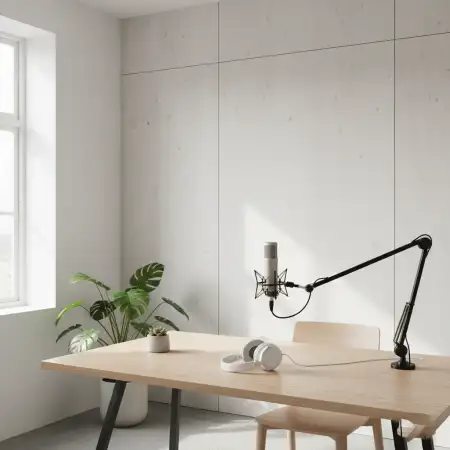 Podcast Studio Background With Wooden Wall - Free Podcast Studio Background Download