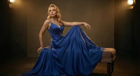 Free Professional Studio Headshot USA Girl Wearing Classy Blue Dress Background Download