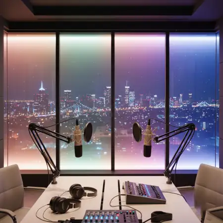 Realistic Glass Wall Podcast Studio Background With Night City Lights - Free Podcast Studio Background Download