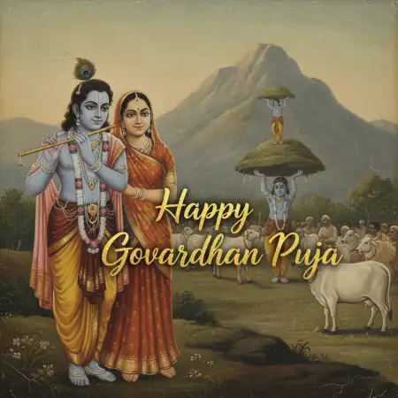realistic govardhan puja scene with diya, tulsi, and cows