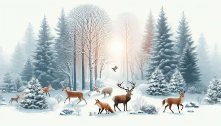 Serene Winter Wildlife Wallpaper With Deer And Foxes In A Snowy Forest - Free Nature Background Download